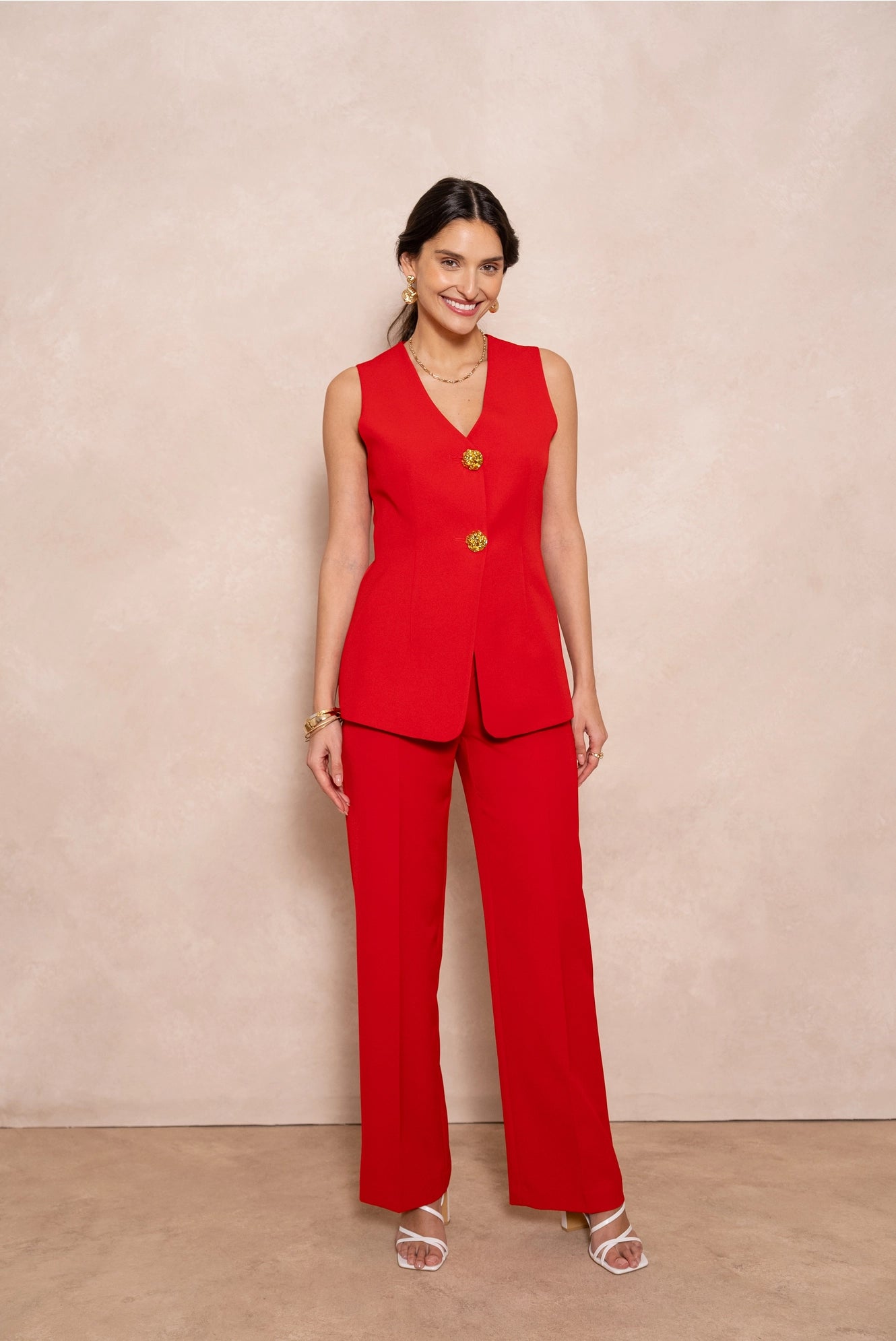 [Timeless] Long Sleeveless Vest with Textured Gold Buttons