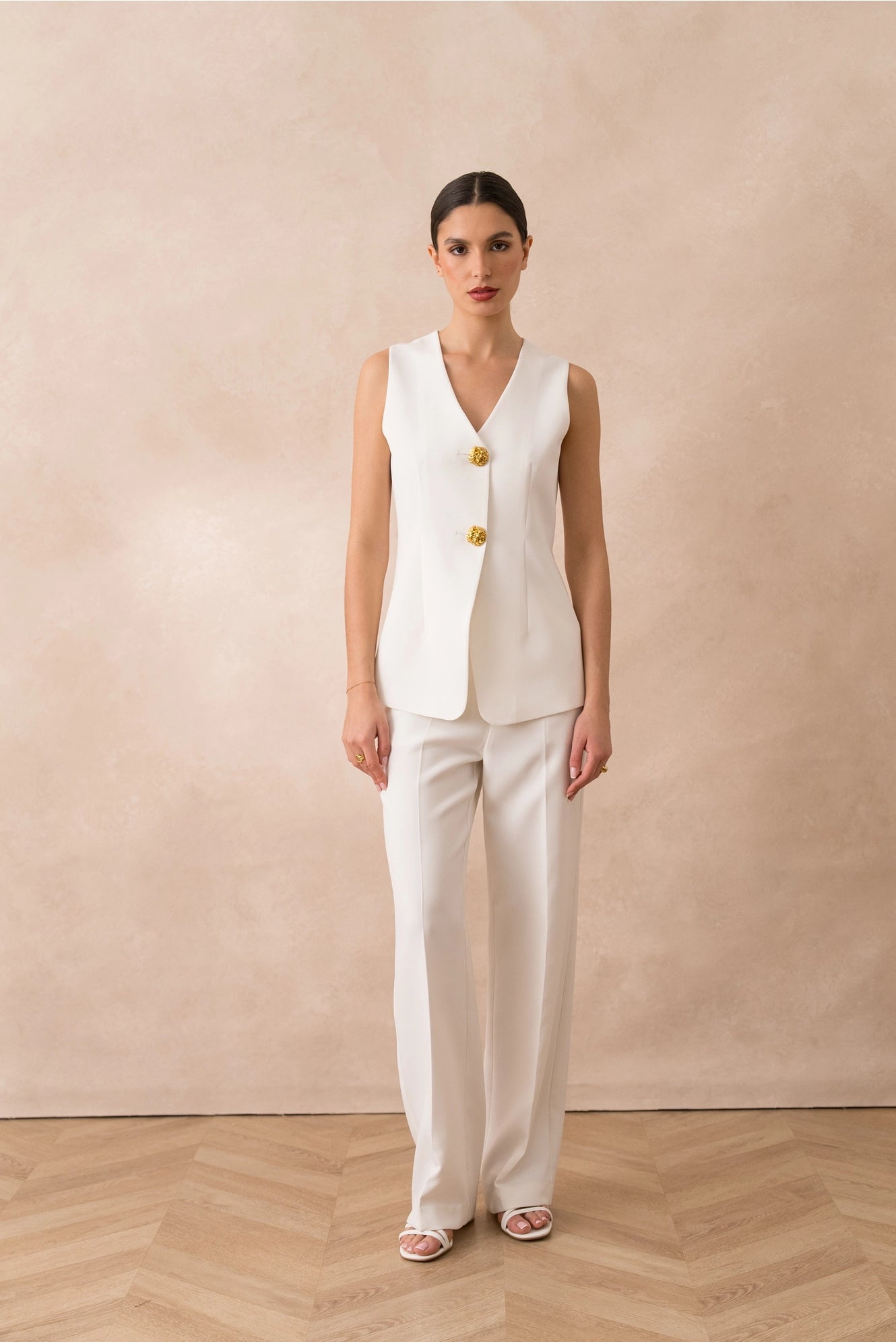 [Timeless] Long Sleeveless Vest with Textured Gold Buttons
