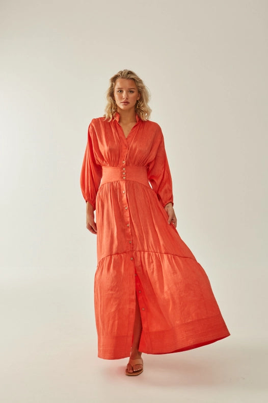 Timeless Silk-Linen Chiffon Buttoned Maxi Dress Coral-Dress-ANTHERIS-S-Coral-Urbanheer