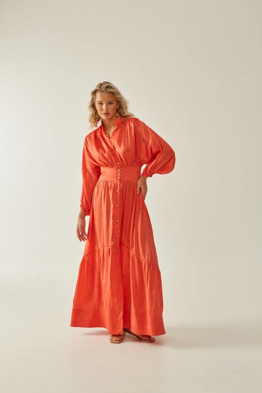 Timeless Silk-Linen Chiffon Buttoned Maxi Dress Coral-Dress-ANTHERIS-S-Coral-Urbanheer