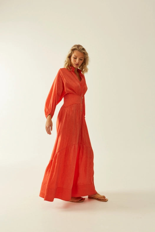 Timeless Silk-Linen Chiffon Buttoned Maxi Dress Coral-Dress-ANTHERIS-S-Coral-Urbanheer