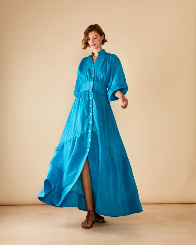 Timeless Silk-Linen Chiffon Buttoned Maxi Dress Shore Blue-Dress-ANTHERIS-S-Shore Blue-Urbanheer