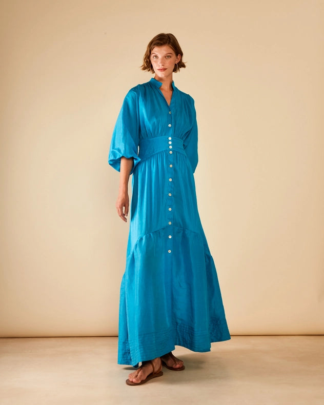 Timeless Silk-Linen Chiffon Buttoned Maxi Dress Shore Blue-Dress-ANTHERIS-S-Shore Blue-Urbanheer