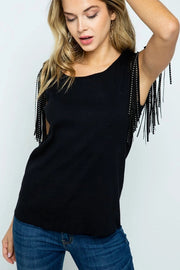 Top With Shoulder Studded Fringes-Top-VOCAL-S-Black-Urbanheer