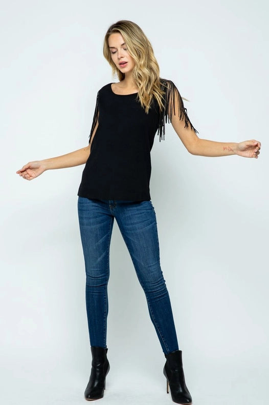 Top With Shoulder Studded Fringes-Top-VOCAL-S-Black-Urbanheer