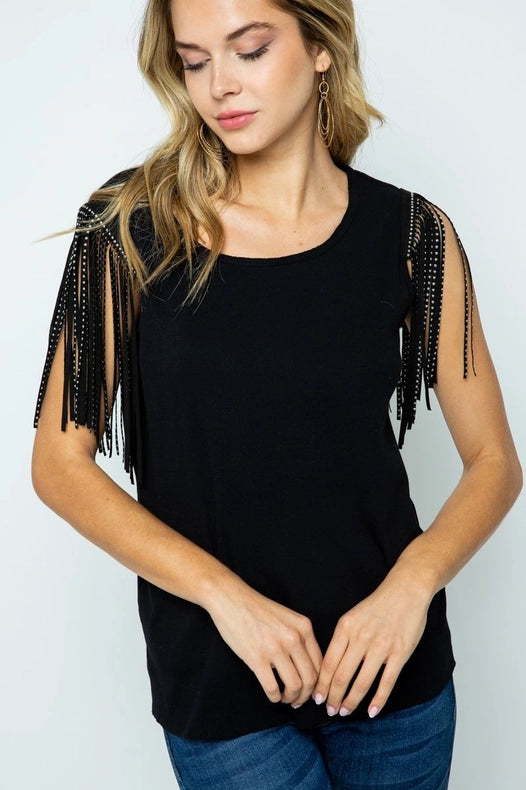 Top With Shoulder Studded Fringes-Top-VOCAL-S-Black-Urbanheer