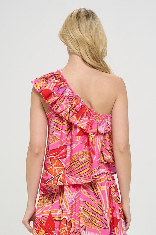 Tropical Leaf Print One Shoulder Top with Ruffle Neckline-New Arrival-Reneecollection-Small-HOT PINK-Urbanheer