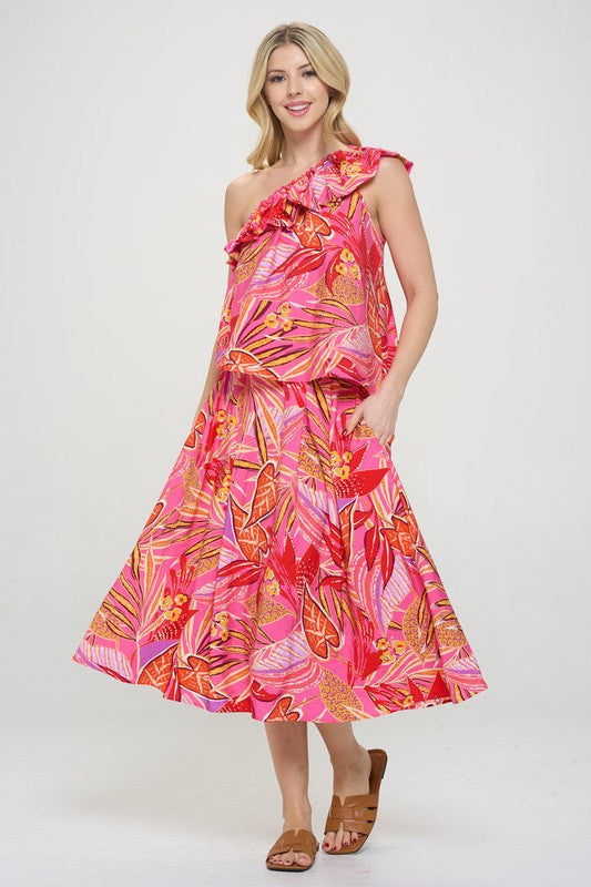 Tropical Leaf Print One Shoulder Top with Ruffle Neckline-New Arrival-Reneecollection-Small-HOT PINK-Urbanheer