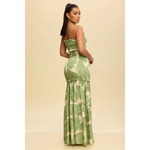Tropical Leaves Katia Scrunch Maxi Dress GREEN-Dress-Luxxel-S-Urbanheer