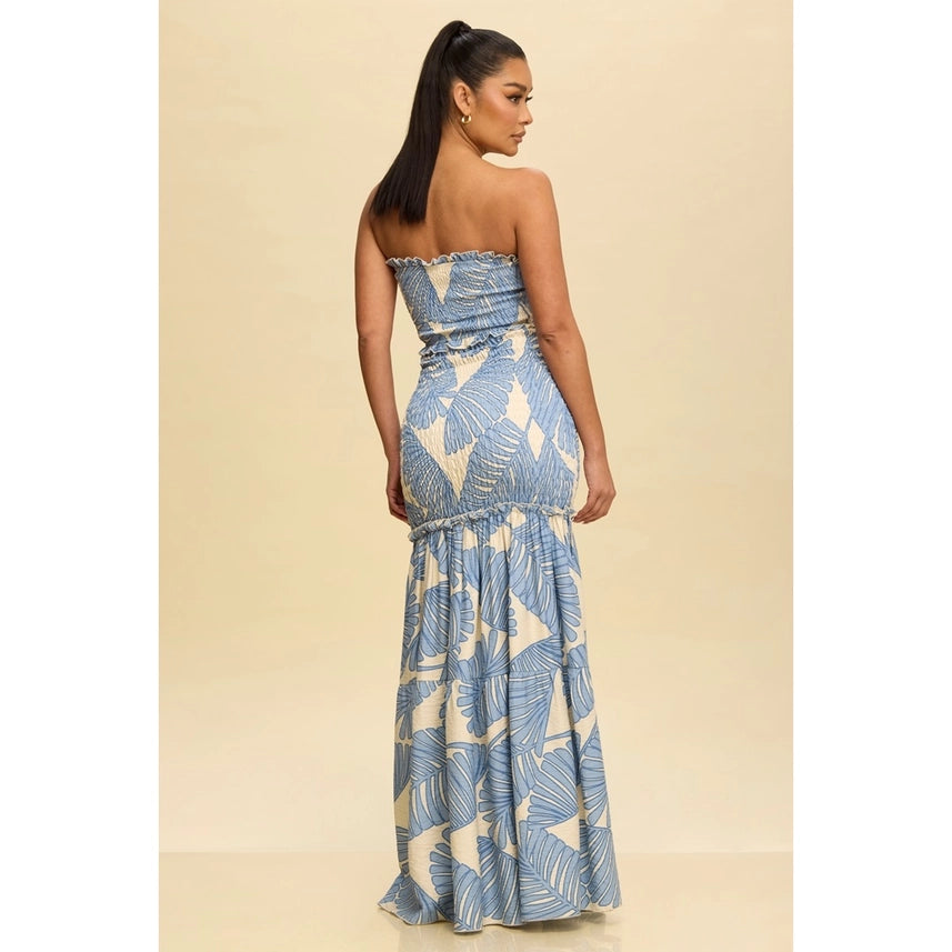 Tropical Leaves Katia Scrunch Maxi Dress LT BLUE-Dress-Luxxel-S-LT BLUE-Urbanheer