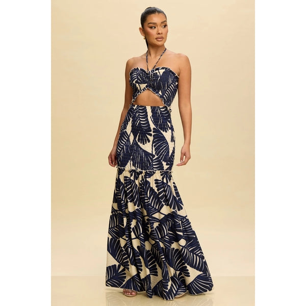 slim fit dress slacks Tropical Leaves Scrunch Maxi Dress Blue / S