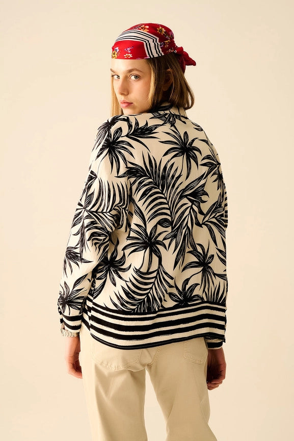Tropical Motif Relaxed Blouse in Black and White-Blouse-Q2-S-BLACK-Urbanheer