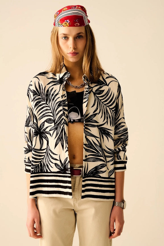 Tropical Motif Relaxed Blouse in Black and White-Blouse-Q2-S-BLACK-Urbanheer