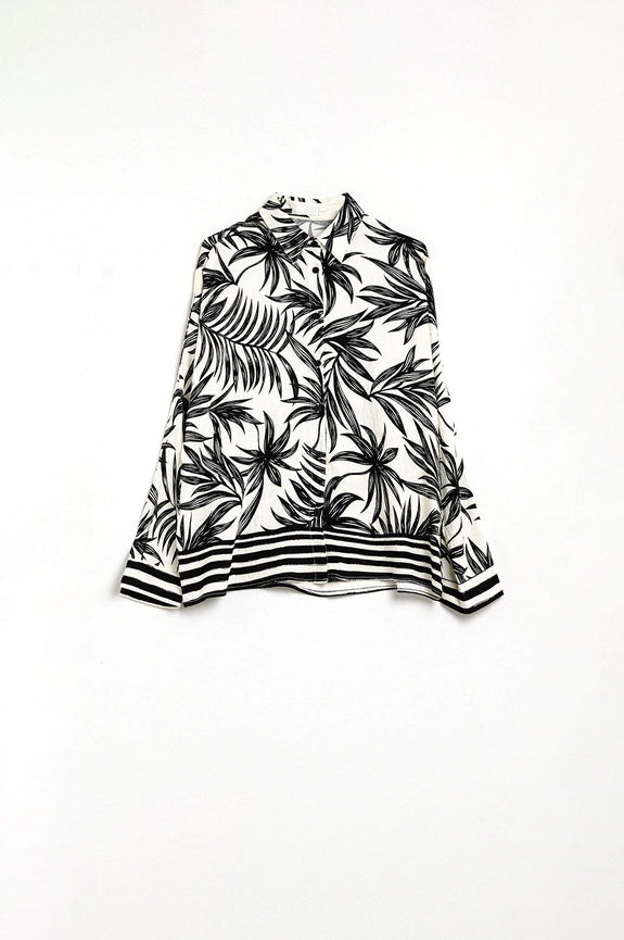 Tropical Motif Relaxed Blouse in Black and White-Blouse-Q2-S-BLACK-Urbanheer