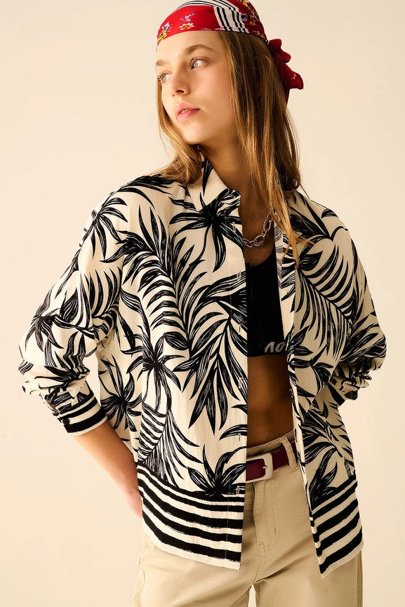 Tropical Motif Relaxed Blouse in Black and White-Blouse-Q2-S-BLACK-Urbanheer
