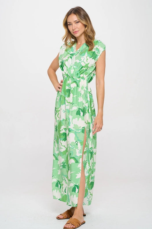 Tropical Print Chiffon Sheer Dress with Slit-Dress-Renee C.-S-Green-Urbanheer