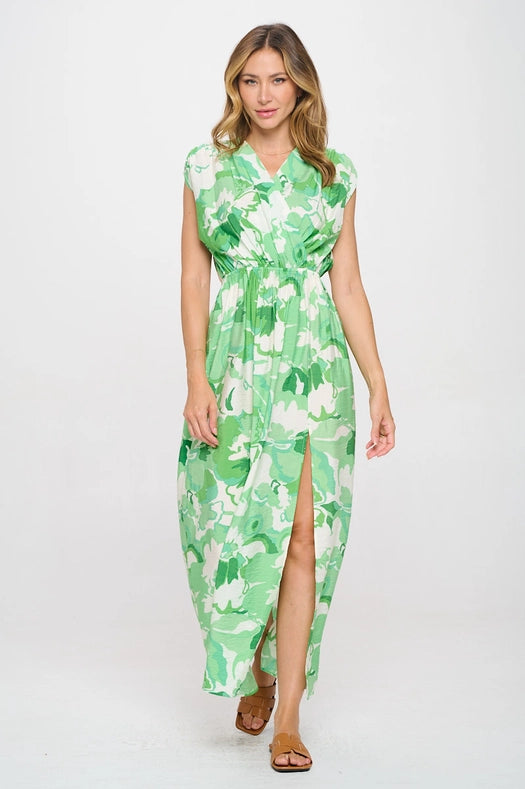 Tropical Print Chiffon Sheer Dress with Slit-Dress-Renee C.-S-Green-Urbanheer