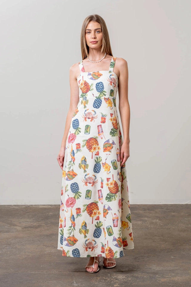 Tropical Print Sleeveless Midi Dress-Dress-Moon River-XS-CREAM MULTI-Urbanheer