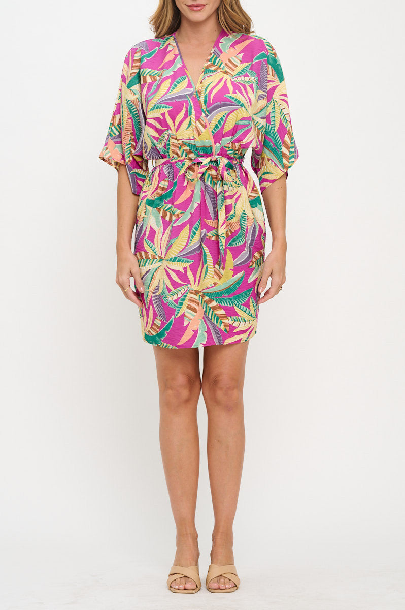 Tropical Print V neck Kimono Dress with Tie-Dresses-Reneecollection-Small-MAGENTA-Urbanheer