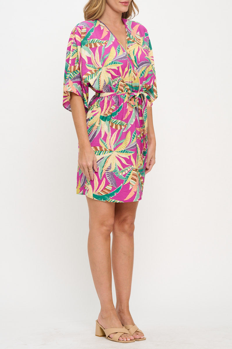 Tropical Print V neck Kimono Dress with Tie-Dresses-Reneecollection-Small-MAGENTA-Urbanheer