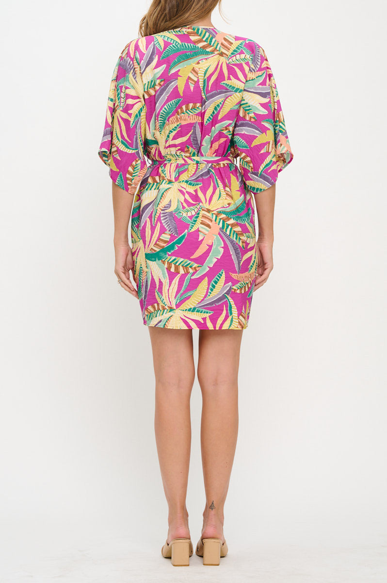 Tropical Print V neck Kimono Dress with Tie-Dresses-Reneecollection-Small-MAGENTA-Urbanheer
