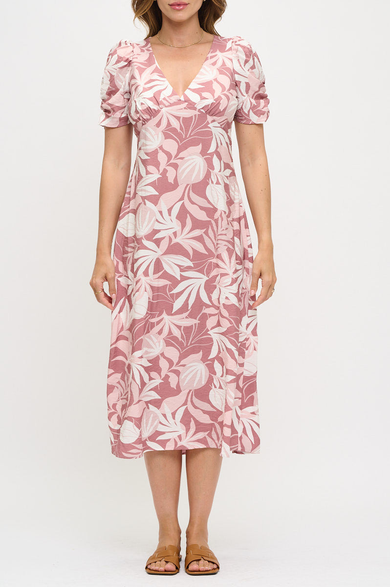 Tropical Print V neck Midi Dress-Dresses-Reneecollection-Small-PINK-Urbanheer
