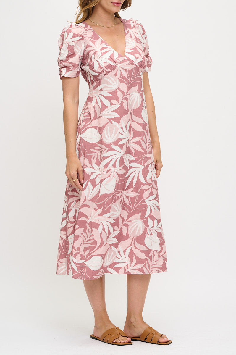 Tropical Print V neck Midi Dress-Dresses-Reneecollection-Small-PINK-Urbanheer