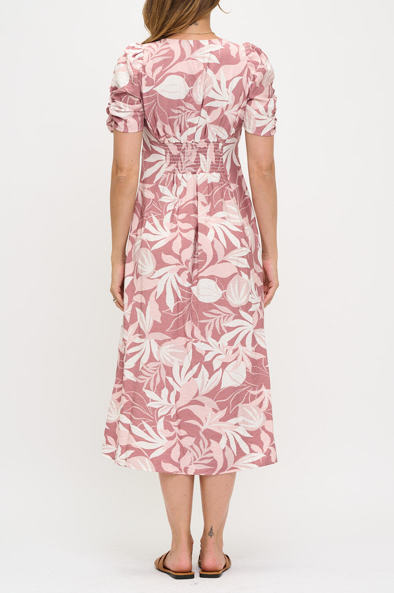 Tropical Print V neck Midi Dress-Dresses-Reneecollection-Small-PINK-Urbanheer