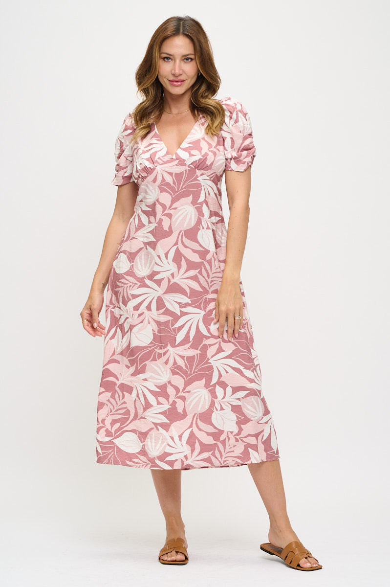 Tropical Print V neck Midi Dress-Dresses-Reneecollection-Small-PINK-Urbanheer