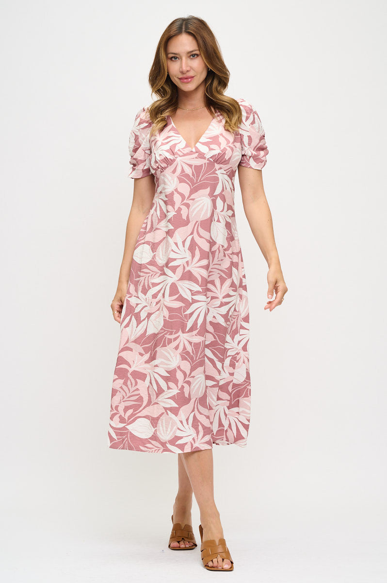 Tropical Print V neck Midi Dress-Dresses-Reneecollection-Small-PINK-Urbanheer