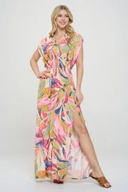 Tropical V Neck Sleeveless Maxi Dress with Slit-Dress-Renee C.-S-Pink-Urbanheer