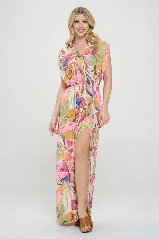 Tropical V Neck Sleeveless Maxi Dress with Slit-Dress-Renee C.-S-Pink-Urbanheer