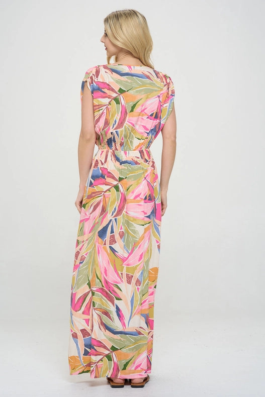 Tropical V Neck Sleeveless Maxi Dress with Slit-Dress-Renee C.-S-Pink-Urbanheer