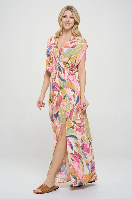 Tropical V Neck Sleeveless Maxi Dress with Slit-Dress-Renee C.-S-Pink-Urbanheer