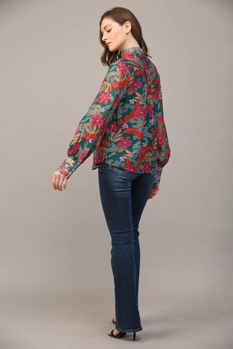 Tucked Yoke Detail Standing Collar Blouse-Blouse-FATE-S-TEAL GREEN MULTI-Urbanheer