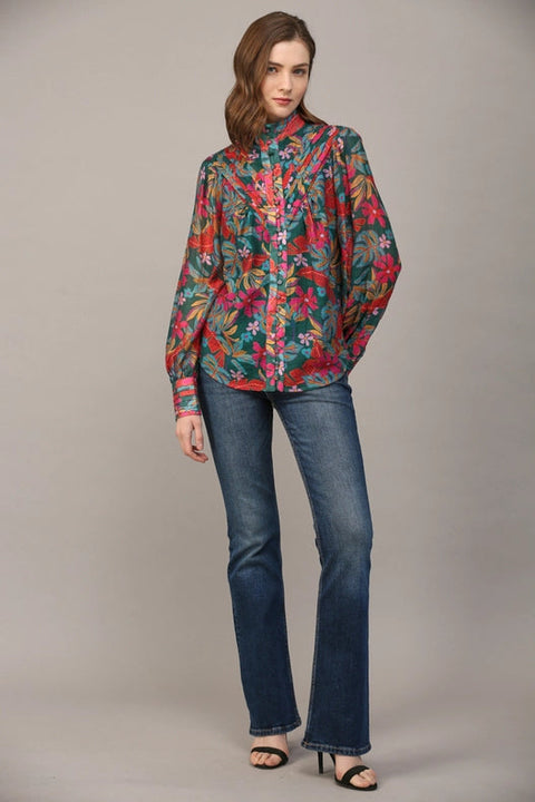 Tucked Yoke Detail Standing Collar Blouse-Blouse-FATE-S-TEAL GREEN MULTI-Urbanheer