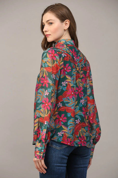 Tucked Yoke Detail Standing Collar Blouse-Blouse-FATE-S-TEAL GREEN MULTI-Urbanheer