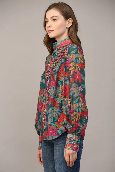 Tucked Yoke Detail Standing Collar Blouse-Blouse-FATE-S-TEAL GREEN MULTI-Urbanheer