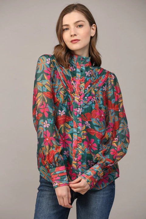 Tucked Yoke Detail Standing Collar Blouse-Blouse-FATE-S-TEAL GREEN MULTI-Urbanheer