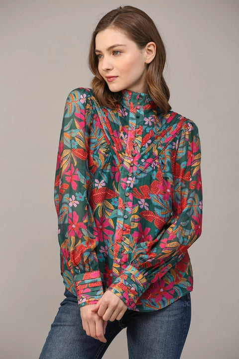 Tucked Yoke Detail Standing Collar Blouse-Blouse-FATE-S-TEAL GREEN MULTI-Urbanheer