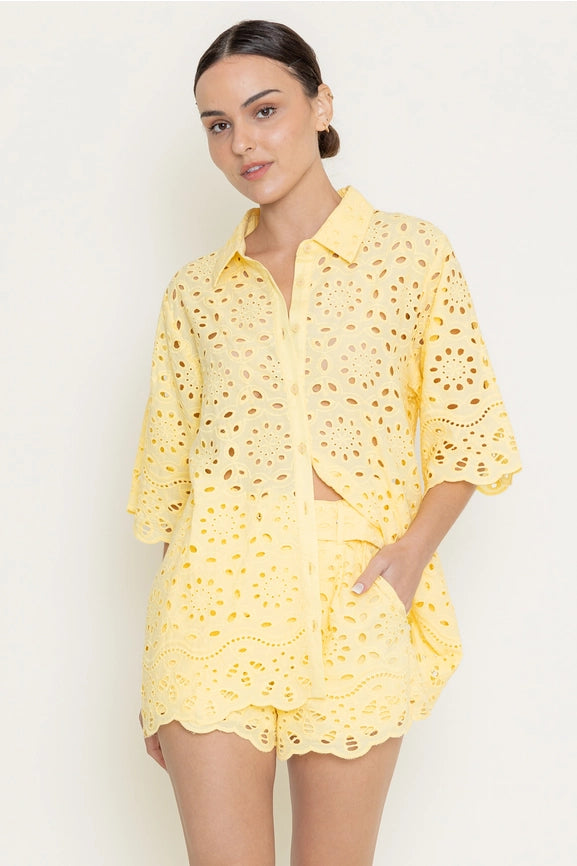 Tunic Loose Eyelet Embroidered Short Sleeve-Top-Fore Collection-S-YELLLOW-Urbanheer