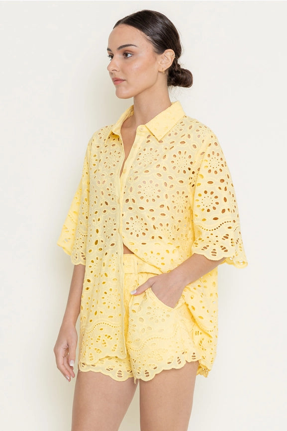 Tunic Loose Eyelet Embroidered Short Sleeve-Top-Fore Collection-S-YELLLOW-Urbanheer