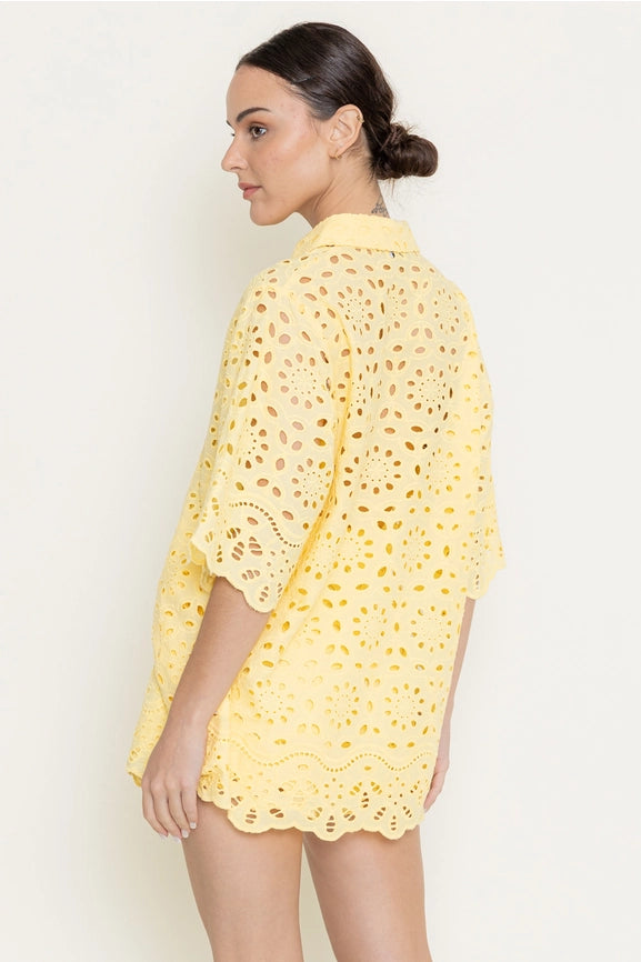 Tunic Loose Eyelet Embroidered Short Sleeve-Top-Fore Collection-S-YELLLOW-Urbanheer