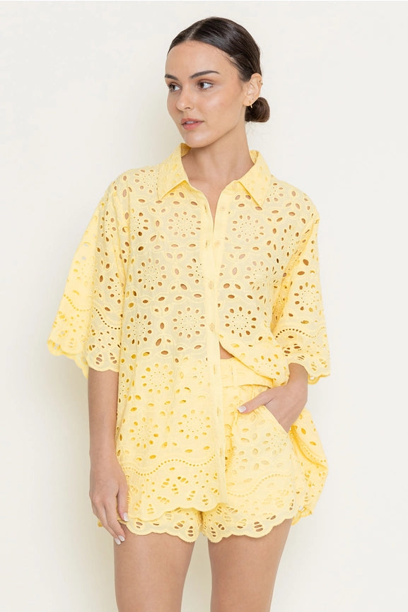 Tunic Loose Eyelet Embroidered Short Sleeve-Top-Fore Collection-S-YELLLOW-Urbanheer