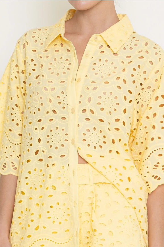 Tunic Loose Eyelet Embroidered Short Sleeve-Top-Fore Collection-S-YELLLOW-Urbanheer