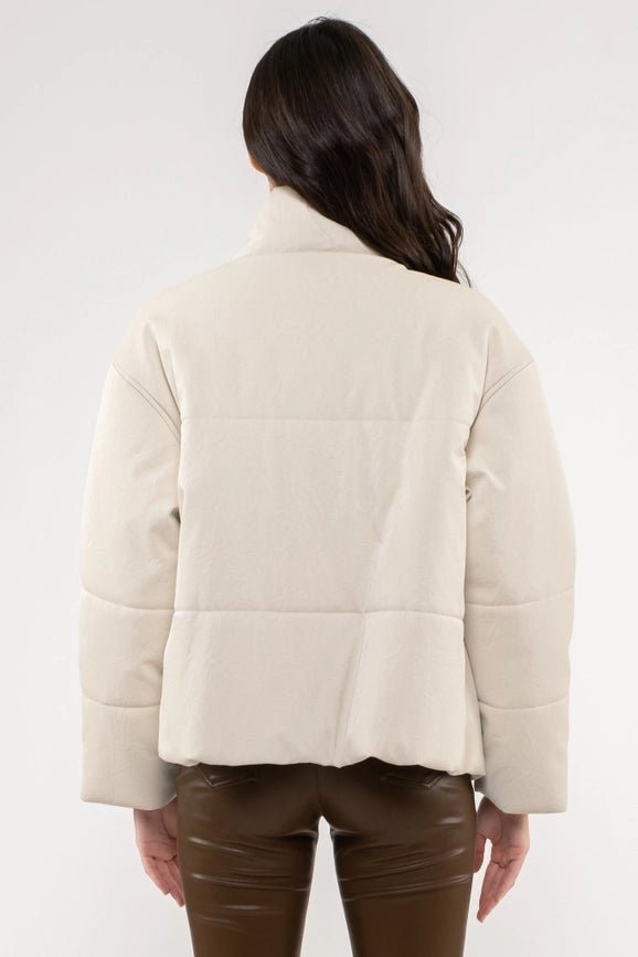 Turtle Neck Faux Leather Jacket-Jacket-Moon River-XS-BEIGE-Urbanheer