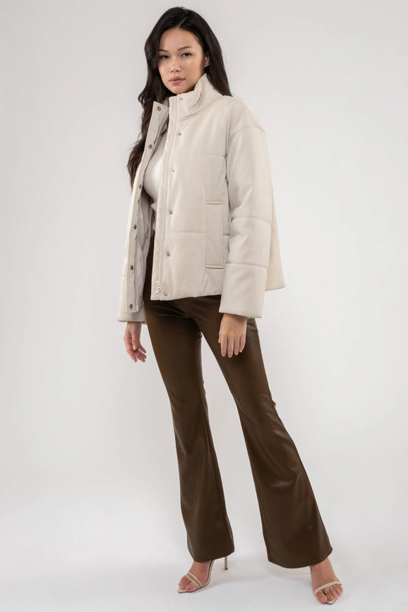 Turtle Neck Faux Leather Jacket-Jacket-Moon River-XS-BEIGE-Urbanheer