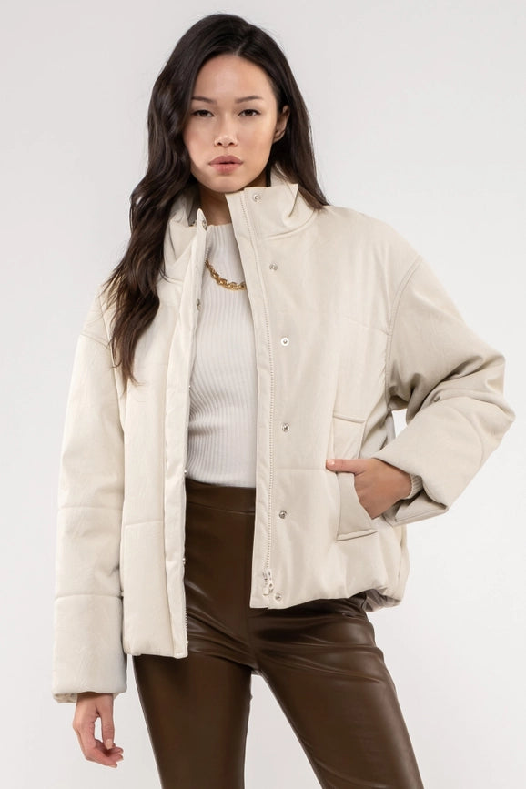 Turtle Neck Faux Leather Jacket-Jacket-Moon River-XS-BEIGE-Urbanheer