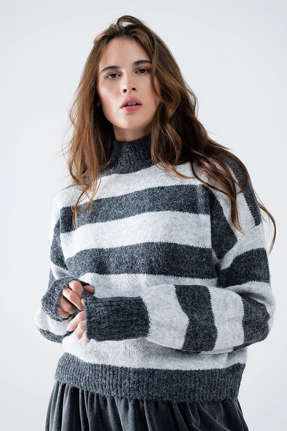 Turtleneck Gray Striped Sweater-Sweater-Q2-M-Grey-Urbanheer