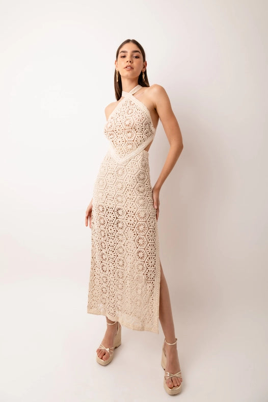 Tuscany Crochet Lace Cut Out Back Halter Maxi Dress-Dress-Amy Lynn-S-Beige-Urbanheer